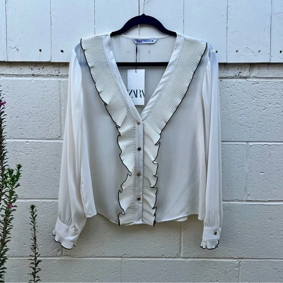 Zara Cream Blouse with Black Trim - Picture 1 of 9